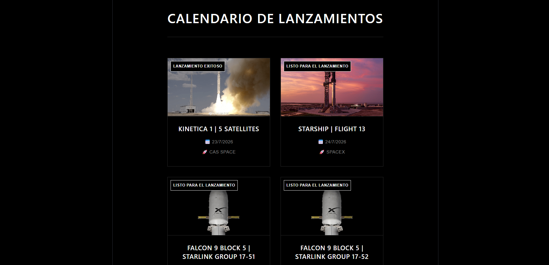 Vista de la aplicación Calendario Espacial